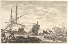 A galley covered in sails to left, six cannons and four people to left in foregroun..., ca. 1652-57. Creator: Stefano della Bella