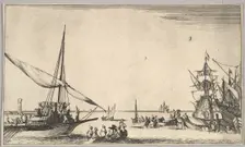 A galley arriving at port to left, several rowboats in center, ships at port to right, fro..., 1639. Creator: Stefano della Bella