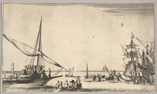 A galley arriving at port to left, several rowboats in center, ships at port to right, fro..., 1639. Creator: Stefano della Bella