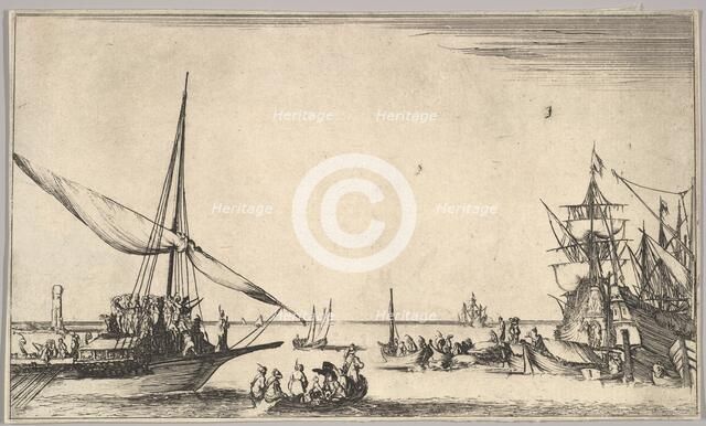 A galley arriving at port to left, several rowboats in center, ships at port to right, fro..., 1639. Creator: Stefano della Bella.