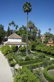 A garden at the Royal Alcazar of Seville, the royal palace prevously a citadel, Spain, 2023. Creator: Ethel Davies