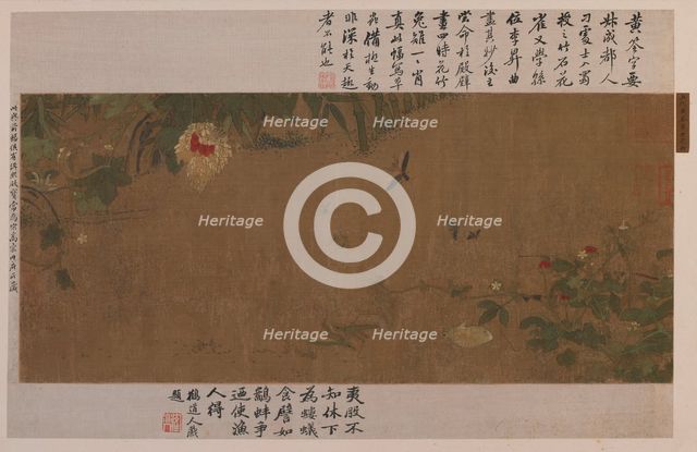 A garden-piece: flowers, fighting grasshoppers, ants and other insects, Ming dynasty, 1368-1644. Creator: Unknown.