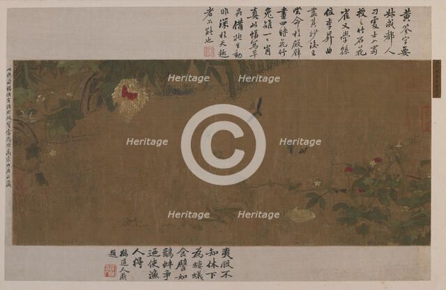 A garden-piece: flowers, fighting grasshoppers, ants and other insects, Ming dynasty, 1368-1644. Creator: Unknown.