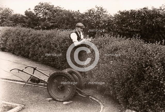 A gardener clips a privet hedge, Rowntree factory, York, Yorkshire, 1955. Artist: Unknown
