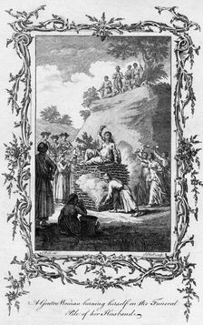 A Gentoo Woman burning herself on the Funeral Pile of her Husband, 18th century.Artist: Samuel Wale