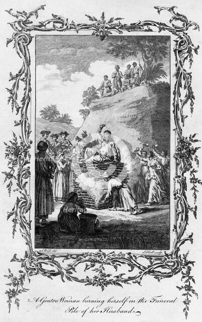 'A Gentoo Woman burning herself on the Funeral Pile of her Husband, 18th century.Artist: Samuel Wale