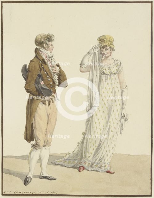 A gentleman and a lady (fashion illustration), 1804. Creator: Jan Antony Langendijk.