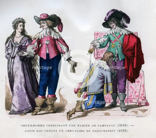 A gentleman leading a country bride,1636, and Louis XIII creating a knight, 1633 (1882-1884)Artist: Tamisier