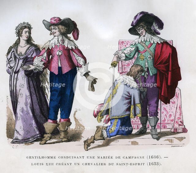 A gentleman leading a country bride,1636, and Louis XIII creating a knight, 1633 (1882-1884)Artist: Tamisier