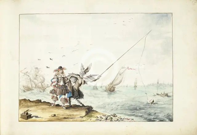 A gentleman (Moses?) is seduced by a devil fishing for a woman, 1664. Creator: Gesina ter Borch.