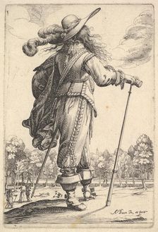 A gentleman, seen from behind, walking towards the right with a cane and wearing a plumed ..., 1629. Creator: Abraham Bosse