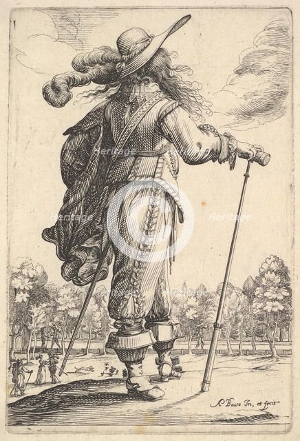A gentleman, seen from behind, walking towards the right with a cane and wearing a plumed ..., 1629. Creator: Abraham Bosse.