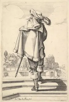 A gentleman, seen from behind, walking up a parapet, with a cloak over his left shoulder..., 1629. Creator: Abraham Bosse