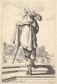 A gentleman, seen from behind, walking up a parapet, with a cloak over his left shoulder..., 1629. Creator: Abraham Bosse