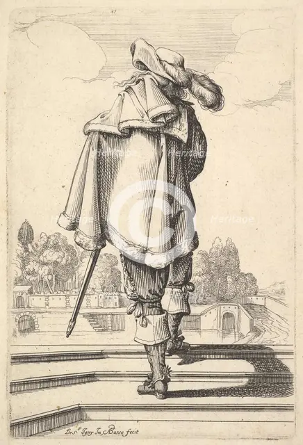 A gentleman, seen from behind, walking up a parapet, with a cloak over his left shoulder..., 1629. Creator: Abraham Bosse.