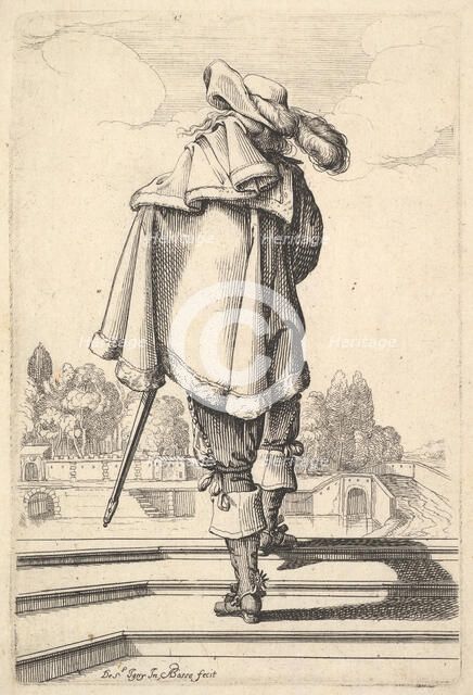 A gentleman, seen from behind, walking up a parapet, with a cloak over his left shoulder..., 1629. Creator: Abraham Bosse.