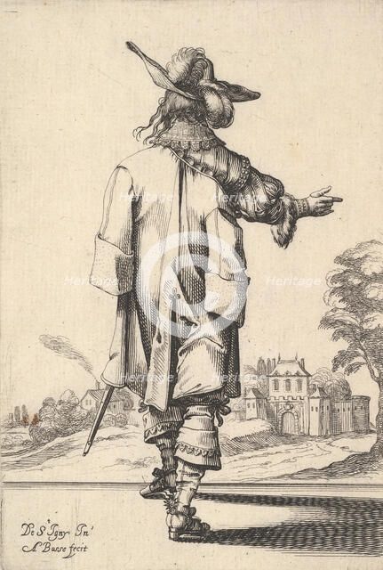 A gentleman, seen from behind, with his right arm outstretched and a cloak over his left s..., 1629. Creator: Abraham Bosse.