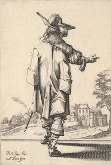 A gentleman, seen from behind, with his right arm outstretched and a cloak over his left s..., 1629. Creator: Abraham Bosse