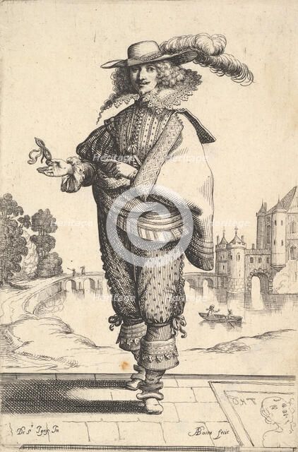 A gentleman standing in front of a large castle and wearing a plumed hat and a lace collar..., 1629. Creator: Abraham Bosse.