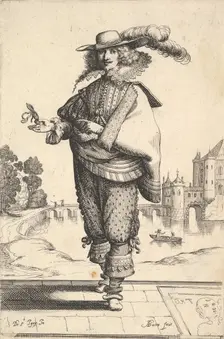 A gentleman standing in front of a large castle and wearing a plumed hat and a lace collar..., 1629. Creator: Abraham Bosse
