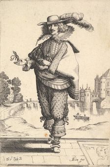 A gentleman standing in front of a large castle and wearing a plumed hat and a lace collar..., 1629. Creator: Abraham Bosse