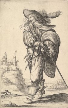 A gentleman, walking towards the left and drawing his sword from the sheath, wearing a plu..., 1629. Creator: Abraham Bosse