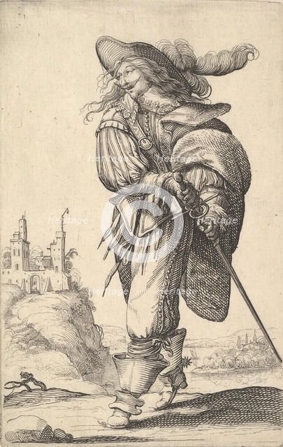 A gentleman, walking towards the left and drawing his sword from the sheath, wearing a plu..., 1629. Creator: Abraham Bosse.