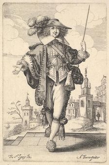 A gentleman walking forward, with his right arm outstretched and a whip in his left hand..., 1629. Creator: Abraham Bosse
