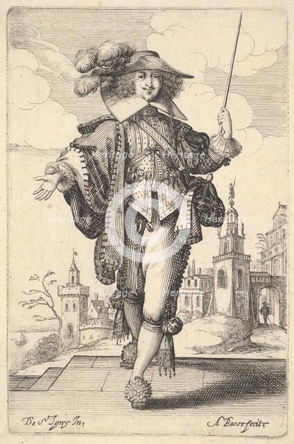 A gentleman walking forward, with his right arm outstretched and a whip in his left hand..., 1629. Creator: Abraham Bosse.