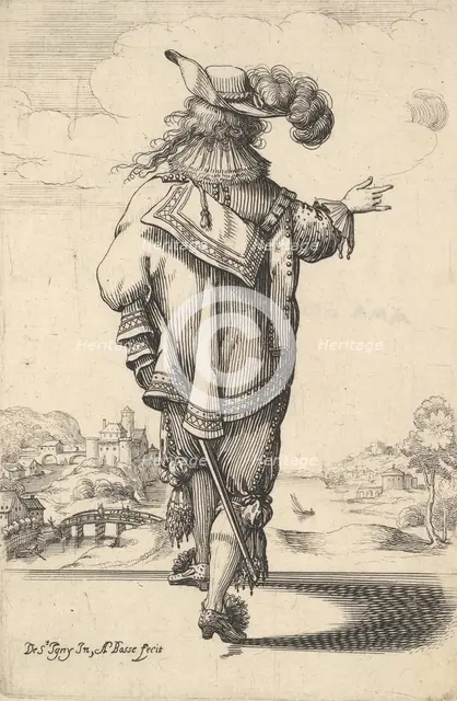 A gentleman wearing a plumed hat and carrying a sword, seen from behind, his right arm out..., 1629. Creator: Abraham Bosse.