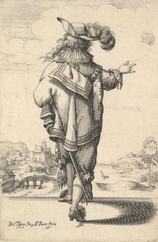 A gentleman wearing a plumed hat and carrying a sword, seen from behind, his right arm out..., 1629. Creator: Abraham Bosse