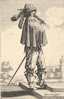 A gentleman wearing a short coat, a helmet, and boots with spurs, standing on the steps an..., 1629. Creator: Abraham Bosse