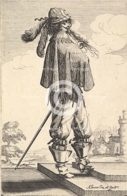 A gentleman wearing a short coat, a helmet, and boots with spurs, standing on the steps an..., 1629. Creator: Abraham Bosse.