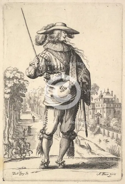 A gentleman with his head turned towards the right in profile, wearing a plumed hat and a ..., 1629. Creator: Abraham Bosse.