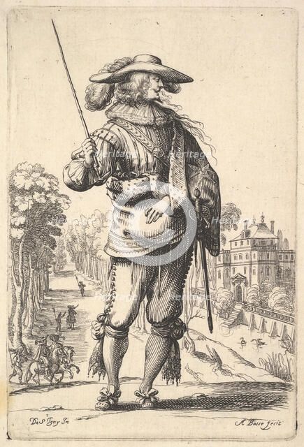 A gentleman with his head turned towards the right in profile, wearing a plumed hat and a ..., 1629. Creator: Abraham Bosse.