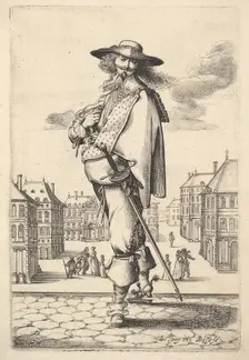 A gentleman, turned three-quarters to the left, wearing a hat and boots with spurs, carryi..., 1629. Creator: Abraham Bosse