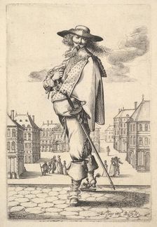 A gentleman, turned three-quarters to the left, wearing a hat and boots with spurs, carryi..., 1629. Creator: Abraham Bosse