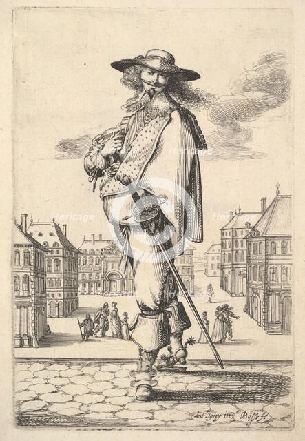A gentleman, turned three-quarters to the left, wearing a hat and boots with spurs, carryi..., 1629. Creator: Abraham Bosse.