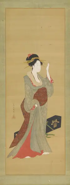 A geisha about to adjust a tortoise-shell hairpin, late 18th century. Creator: Hosoda Eishi