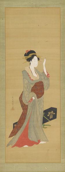 A geisha about to adjust a tortoise-shell hairpin, late 18th century. Creator: Hosoda Eishi