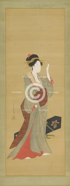 A geisha about to adjust a tortoise-shell hairpin, late 18th century. Creator: Hosoda Eishi.
