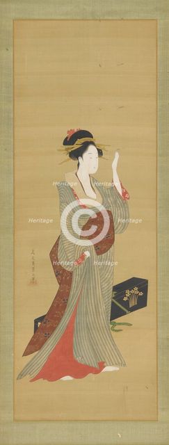 A geisha about to adjust a tortoise-shell hairpin, late 18th century. Creator: Hosoda Eishi.