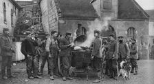 A German army field kitchen in a French village, World War I, 1915