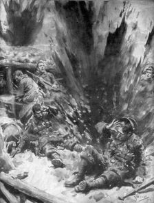 A German Shell Explodes in a British Trench 1914, (1926). Creator: Arthur C Michael