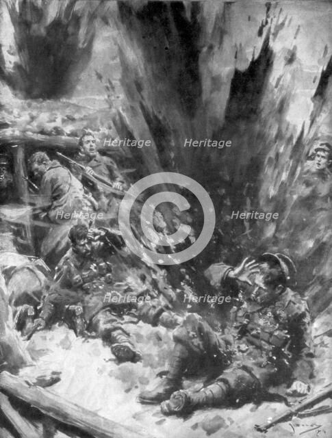 'A German Shell Explodes in a British Trench', 1914, (1926). Creator: Arthur C Michael.