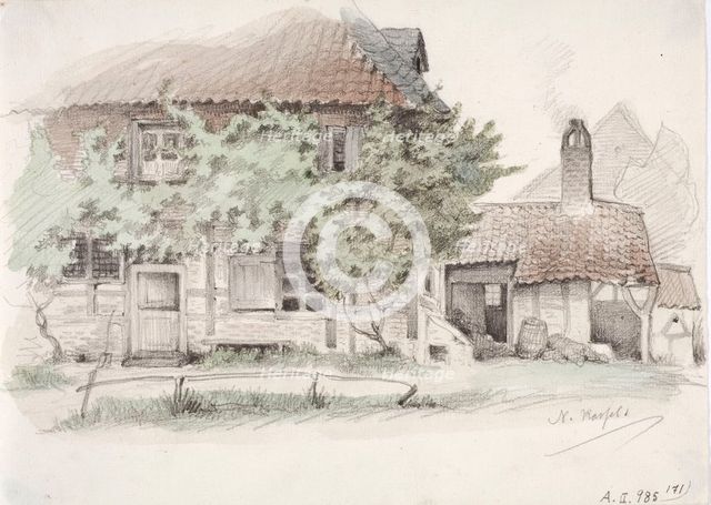 A German peasant half-timbered house with a tiled roof, 1850-1855. Creator: Karl Anders Ekman.