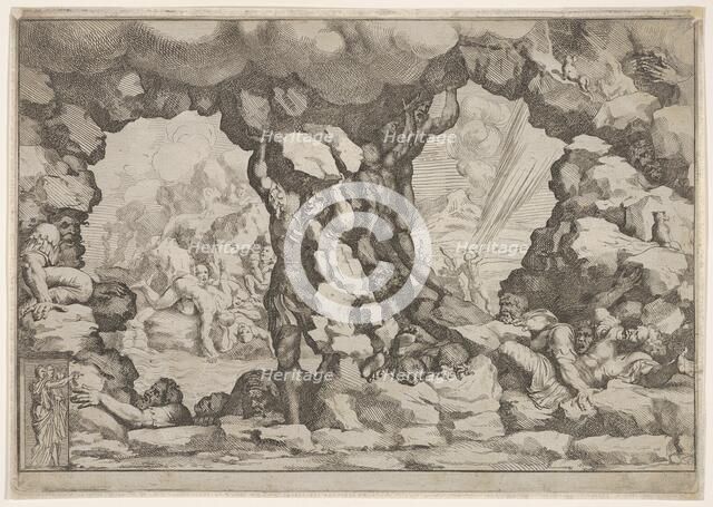 A giant heaving a boulder at center, other giants to left and right struggling and rec..., ca. 1680. Creator: Pietro Santi Bartoli.