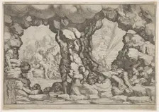 A giant heaving a boulder at center, other giants to left and right struggling and rec..., ca. 1680. Creator: Pietro Santi Bartoli