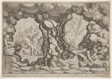 A giant heaving a boulder at center, other giants to left and right struggling and rec..., ca. 1680. Creator: Pietro Santi Bartoli