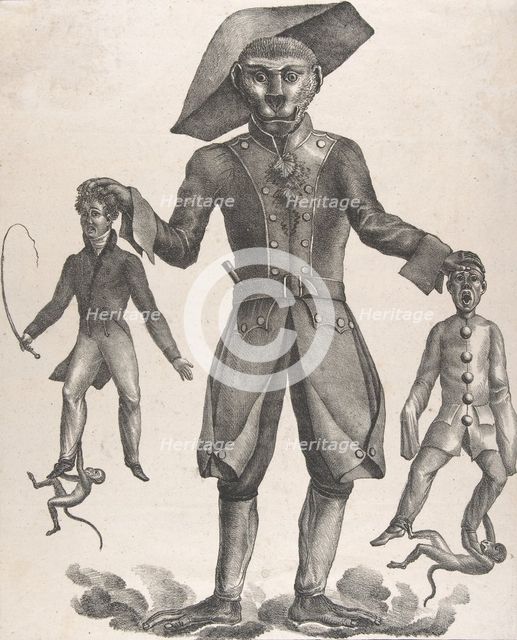 A Giant Monkey in Uniform Holding up Pierrot and a Man with a Whip, after 1825. Creator: Anon.